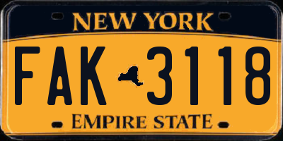 NY license plate FAK3118