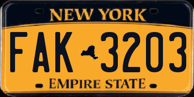 NY license plate FAK3203