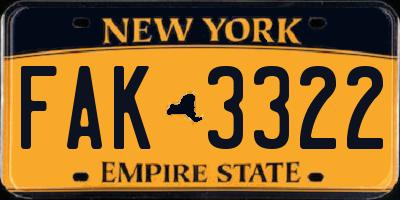 NY license plate FAK3322