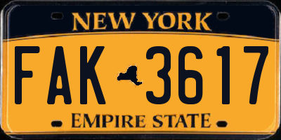 NY license plate FAK3617