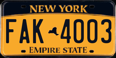 NY license plate FAK4003