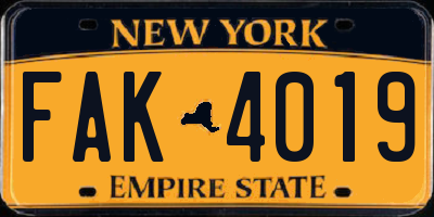 NY license plate FAK4019