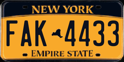 NY license plate FAK4433