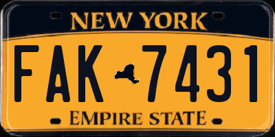NY license plate FAK7431