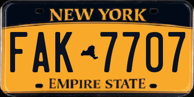 NY license plate FAK7707
