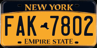 NY license plate FAK7802