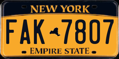 NY license plate FAK7807