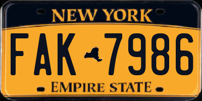 NY license plate FAK7986