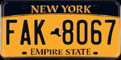 NY license plate FAK8067