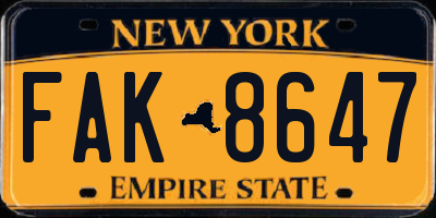 NY license plate FAK8647