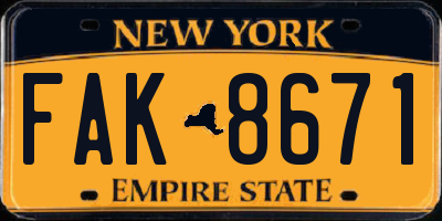 NY license plate FAK8671