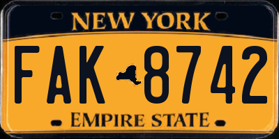 NY license plate FAK8742