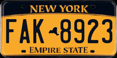 NY license plate FAK8923