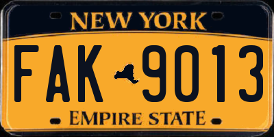 NY license plate FAK9013