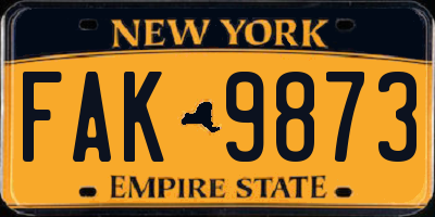 NY license plate FAK9873