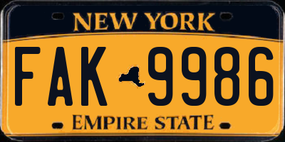 NY license plate FAK9986