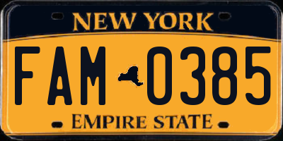 NY license plate FAM0385