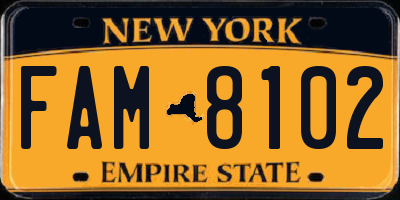 NY license plate FAM8102