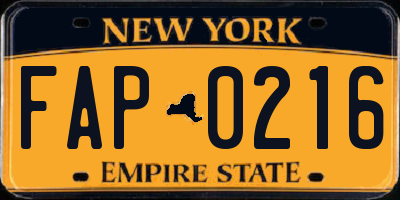 NY license plate FAP0216