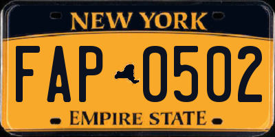 NY license plate FAP0502