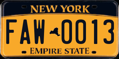 NY license plate FAW0013