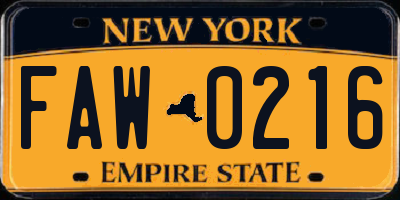 NY license plate FAW0216
