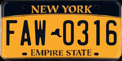 NY license plate FAW0316