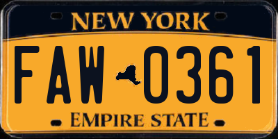 NY license plate FAW0361