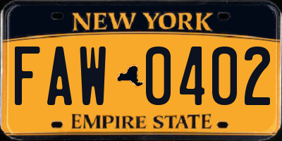 NY license plate FAW0402