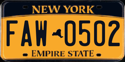 NY license plate FAW0502