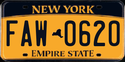 NY license plate FAW0620