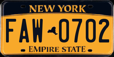 NY license plate FAW0702