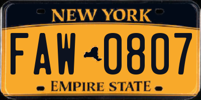 NY license plate FAW0807