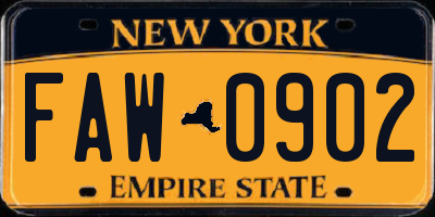NY license plate FAW0902