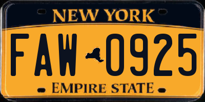 NY license plate FAW0925