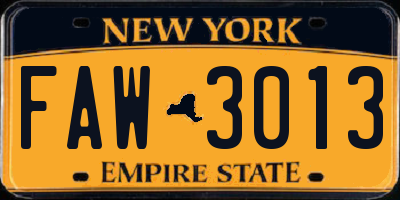 NY license plate FAW3013