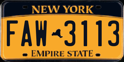 NY license plate FAW3113
