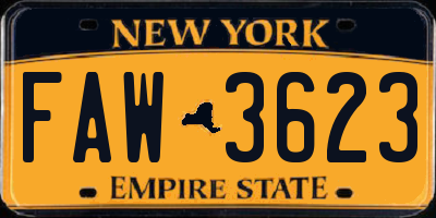 NY license plate FAW3623
