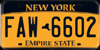 NY license plate FAW6602