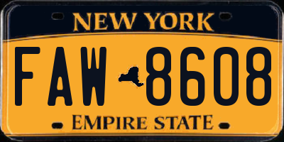 NY license plate FAW8608