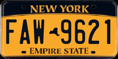 NY license plate FAW9621
