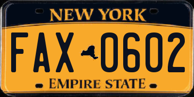NY license plate FAX0602
