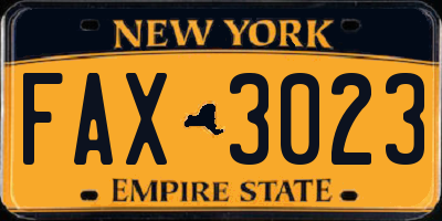 NY license plate FAX3023