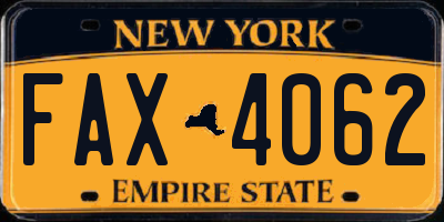 NY license plate FAX4062