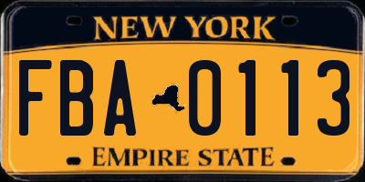 NY license plate FBA0113