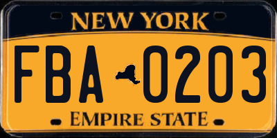 NY license plate FBA0203