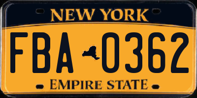 NY license plate FBA0362