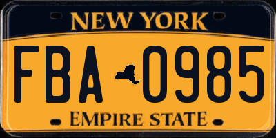 NY license plate FBA0985