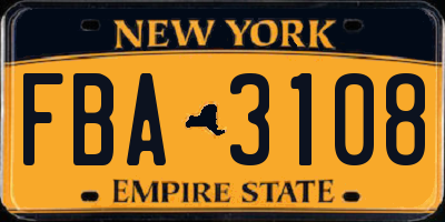 NY license plate FBA3108