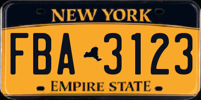 NY license plate FBA3123